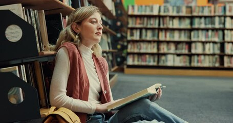 Poster - Girl, thinking or reading a book in library for exam preparation, study insight or test knowledge. University, gen z student or thoughtful on floor for research solution, thesis planning or education