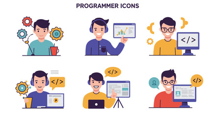 Six Cartoon Programmers with Computers Code Gears and Headphones