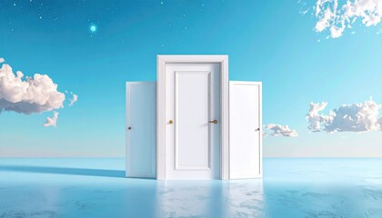 Wall Mural - floating white doors under starry sky and clouds surreal portal