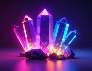 Wall Mural - iridescent pink and blue geometric crystals glowing on dark background