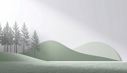 Canvas Print - serene green gradient landscape with rolling hills and evergreens