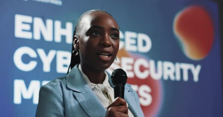 Aufkleber - Business, presentation and black woman with cyber security, speaker and software update. African person, speech or presenter in seminar, mic or progress for tech, about us or programmer in conference