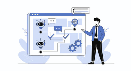 Conceptual illustration of chatbot interaction and process automation in digital workspace