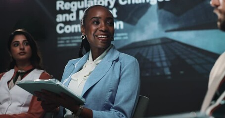Poster - Business woman, meeting and tablet at seminar for presentation, speech or discussion at workplace. Female person, employee or presenter talking to group on technology for corporate change at summit