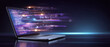 © javu - Digital laptop code api integration concept with glowing lines and data flow on dark background