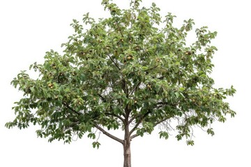 A Hickory Tree with Compound Leaves and Hard, Smooth Nuts Isolated on a White Background