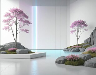 Wall Mural - Pink Trees and Neon Lights in a Minimalist Cyberpunk Landscape