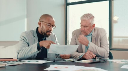 Poster - Collaboration, documents and finance with business people in office together for feedback or review. Budget, investment or portfolio with manager and employee in corporate workplace for management