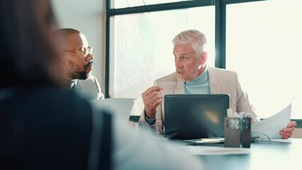Aufkleber - Business people, laptop and men in workplace, documents and audit with budget report. Employees, accounting and financial advisor in meeting, PC and planning for profit growth, feedback and taxes