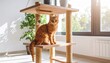 © Studio-M - Ginger cat lying on the shelf of a cat tree, bathed in warm sunlight, looking into the camera