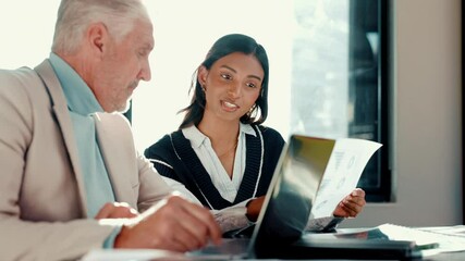 Fototapete - Documents, investment and laptop with business people in office together for feedback or training. Budget, finance or portfolio with mentor and employee in corporate workplace for wealth management