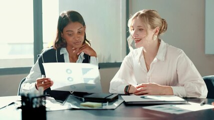 Aufkleber - Business people, talking and women in office, documents or charts for budget report. Employees, accounting or financial advisor in meeting, paperwork or planning for profit growth or graphs for audit