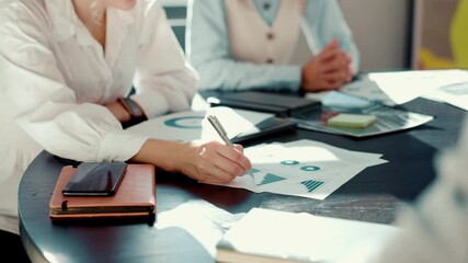 Aufkleber - Graphs, paperwork or hands of business people in meeting for budget strategy, profit or sales charts. Writing, research or financial advisor with manager for finance data or growth report documents