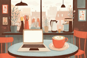 Poster - Cozy Cafe Interior Featuring a Laptop and Cappuccino on a Clean Table With a View of the City