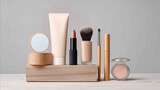 Minimalist vanity natural wood soft beige backdrop essential makeup items neatly arranged