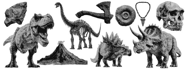 Wall Mural - set of prehistoric dinosaur halftone grunge vector design elements
