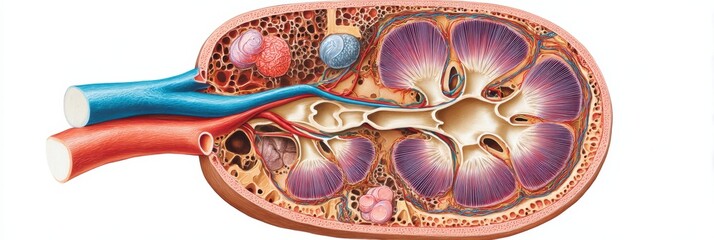 Poster - Detailed Cross-Section of a Kidney Showcasing Labeled Anatomy and Vascular Structures for Educational Purposes