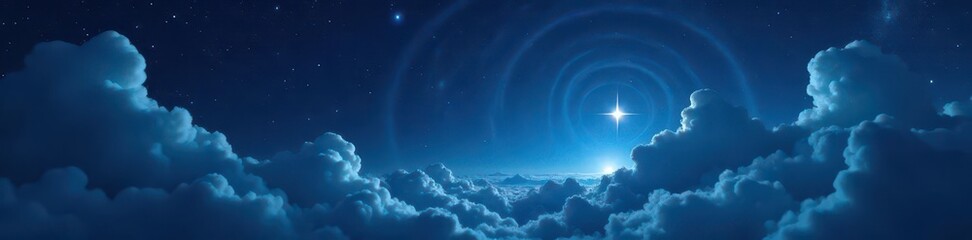 Wall Mural - A lone star shines brightly in the dark blue space amidst swirling silver clouds, nebula, space