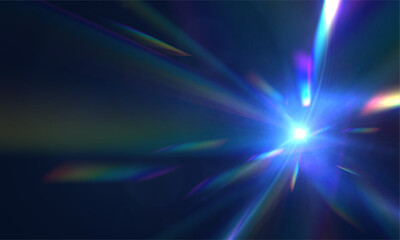 Aufkleber - Abstract optical flare with iridescent spectrum and glowing rays on a dark backdrop.
