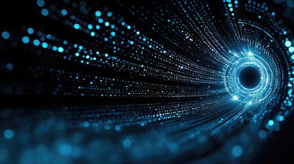 Poster - Futuristic digital blue tunnel with glowing dots, abstract technology background, dynamic and energetic