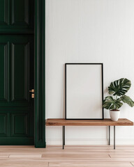 Poster - Minimalist interior with green door, wooden bench, blank frame, white wall, and potted plant, calm atmosphere