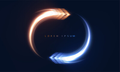 Aufkleber - Circular motion element with glowing orange and blue light arrows forming a loop on dark background. Concept of data flow, process rotation, futuristic cycles, and digital transitions.

