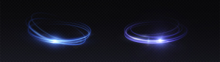 Aufkleber - Blue and violet glowing light rings with spark particles on transparent background. Dynamic elliptical energy swirls with motion blur and luminescent edges.

