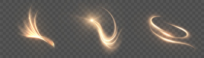 Poster - Golden glowing light swirls with smooth curves and spark particles on transparent background. Ideal for energy effects, elegant transitions, or fantasy motion design in digital projects.

