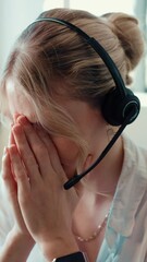 Poster - Woman, stress and call center agent in office with online consultation for CRM, help desk or advice. Headset, customer service and female technical support consultant with burnout for troubleshooting