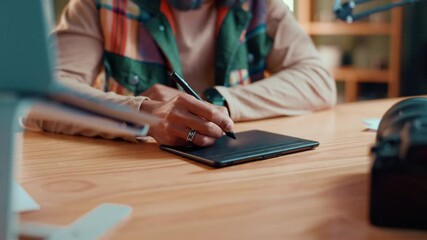 Aufkleber - Digital designer, hands or drawing with tablet for graphic design or multimedia development. Closeup, person or influencer sketching with pen, technology or software for online art or editing on desk