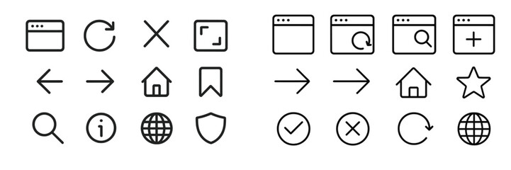 Wall Mural - collection of minimalist web interface icons for navigation and user actions presented in black and 