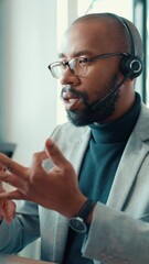 Poster - Help desk, call center and man in office, talking and professional with communication. African person, employee and conversation in workplace, customer service and support with advice and headset