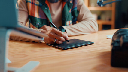 Aufkleber - Person, hands and editor with tablet pen for drawing, sketching or digital design at home. Closeup, creative or artist with technology for multimedia production, retouch or photo editing software