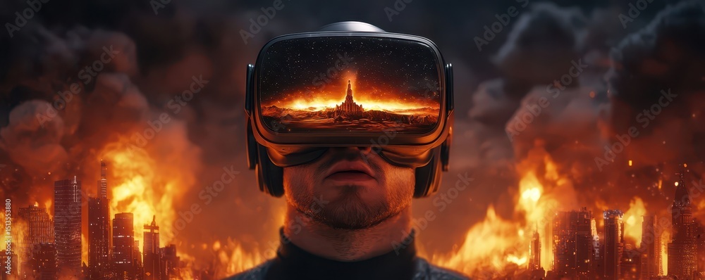 Distopian Vr economy growth efficiency concept. Man wearing VR headset, immersed in ...