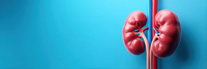 Aufkleber - Realistic 3D Render Showcasing Healthy Human Kidneys Against a Clean Blue Background With an Empty Upper Section