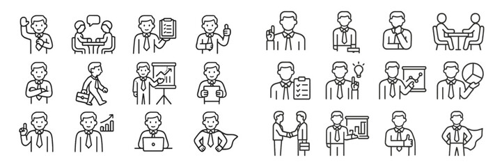 Aufkleber - Collection of business icons illustrating various professional activities and interactions in a corporate setting with animated figures