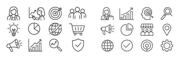 Aufkleber - Business icons representing various aspects of strategy, marketing, and analytics in a modern workspace environment