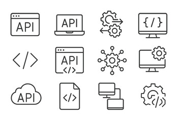 Fototapete - Collection of API icons representing various functionalities and connections in technology and software development