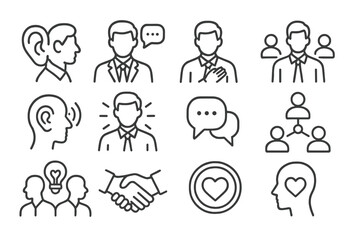 Aufkleber - Communication and connection illustrated through various icons representing dialogue, collaboration, and interpersonal relationships