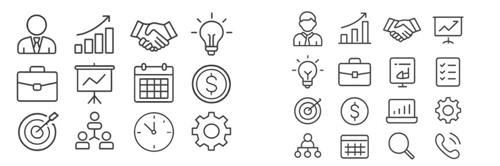 Poster - Business and finance icons representing various sectors and activities in a minimalist design, ideal for presentations and projects