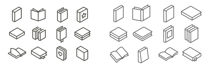 Poster - Collection of various book icons featuring different styles, open and closed designs in minimalist outlines