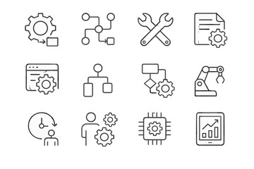 Poster - Various icons representing processes, tools, and automation in a modern workspace environment focusing on efficiency and organization