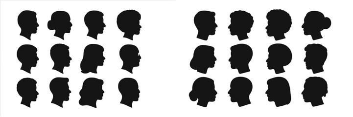 Poster - Collection of diverse silhouette profiles displaying various hairstyles and facial features in contrasting colors and arrangements