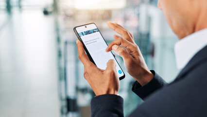 Aufkleber - Office, hands and phone with screen to scroll, research information and reading on stock exchange. Closeup, business person and mobile with website for investment tips, economy and trader with tech