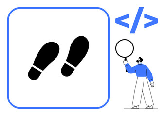 Footprints inside square with code tag and figure holding magnifying glass. Ideal for coding, data analysis, tracking, online security, digital privacy, web development, simple landing page