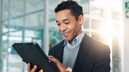 Aufkleber - Business, man and smile with tablet in office for research, financial report and schedule update. Accountant, reading and digital app of finance agenda, information and funding feedback of investment