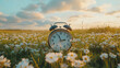© john - Spring forward. Time change in spring. Daylight saving time. Alarm clock on beautiful nature background with green grass and white flowers meadow