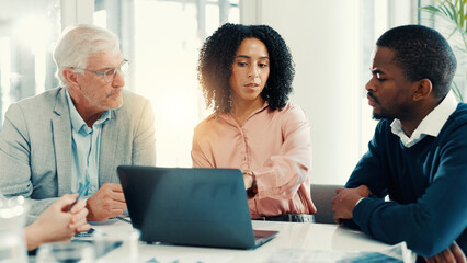 Poster - Meeting, colleagues and group with laptop, pointing and discussion for investment ideas or teamwork. Corporate, financial analyst and people with tech for opportunity, talk or collaboration in office