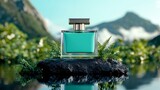 simple perfume bottle in matte jade finish balanced on a floating basalt slab, with ferns and foggy mountain atmosphere behind, clean natural lighting