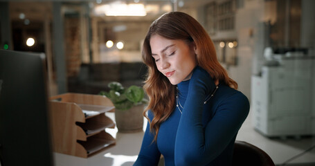 Leinwandbilder - Business woman, neck pain and night with injury or stress for discomfort or bad posture at office desk. Tired, female person or employee working late with sore shoulder or ache for muscle tension